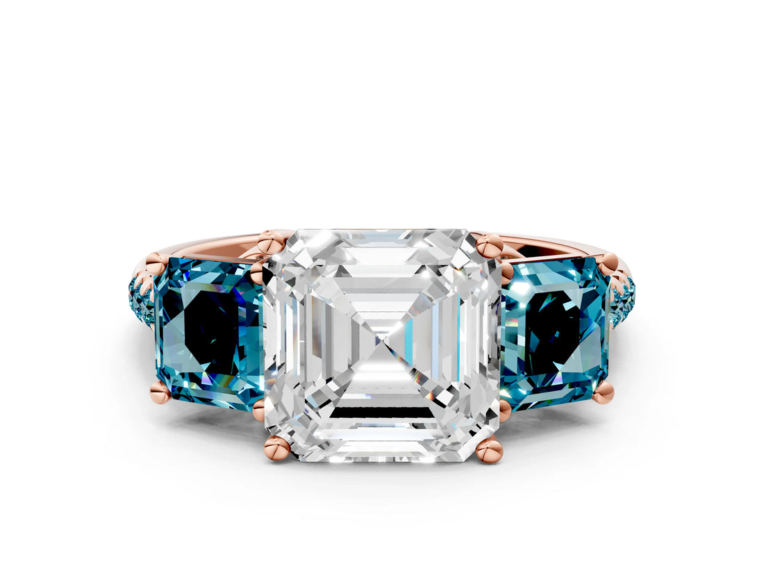 Rose gold Three-Stone Asscher Cut Diamond Ring with Round with Blue Topaz side stone Pavé Band and Prong Setting