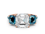 Rose gold Three-Stone Asscher Cut Diamond Ring with Round with Blue Topaz side stone Pavé Band and Prong Setting