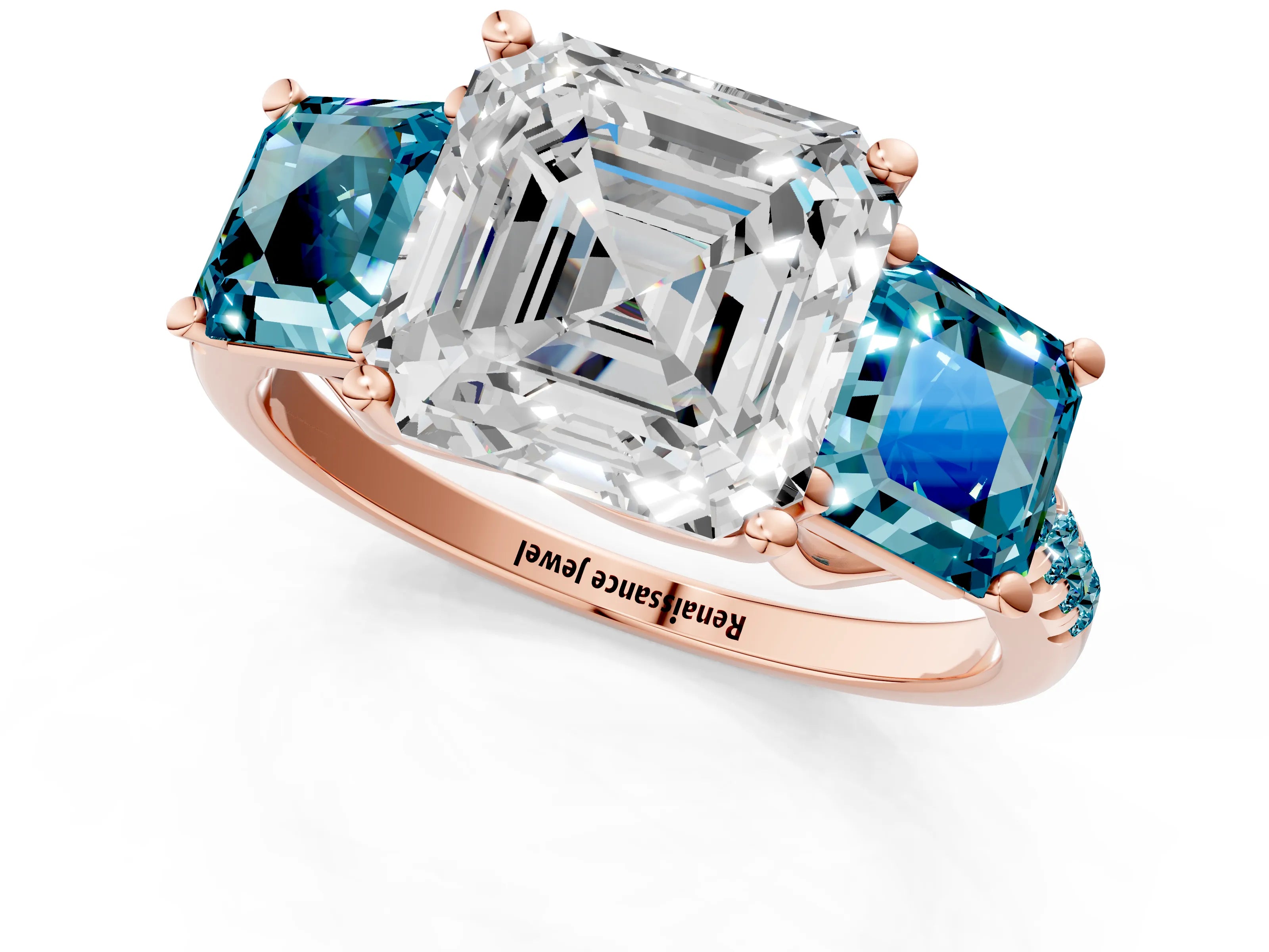 Rose gold Three-Stone Asscher Cut Diamond Ring with Round with Blue Topaz side stone Pavé Band and Prong Setting_1