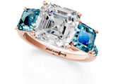 Rose gold Three-Stone Asscher Cut Diamond Ring with Round with Blue Topaz side stone Pavé Band and Prong Setting_1