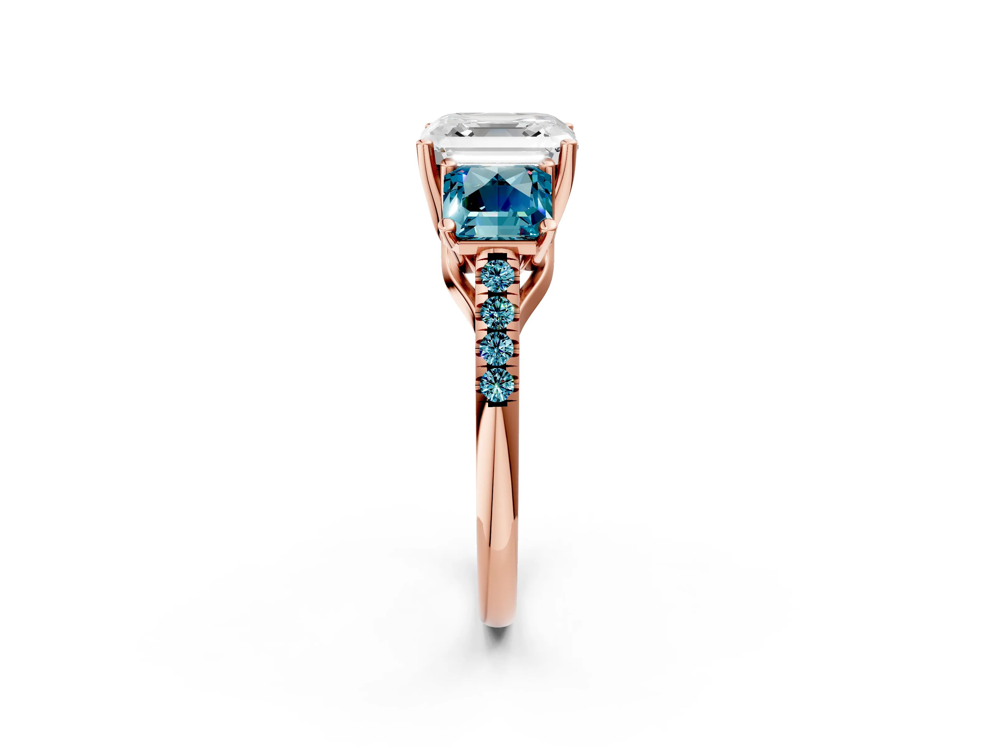 Rose gold Three-Stone Asscher Cut Diamond Ring with Round with Blue Topaz side stone Pavé Band and Prong Setting_2