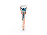 Rose gold Three-Stone Asscher Cut Diamond Ring with Round with Blue Topaz side stone Pavé Band and Prong Setting_2