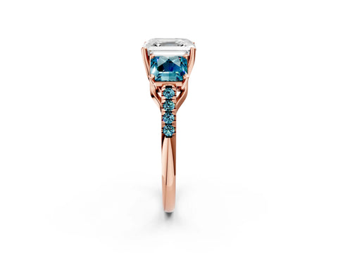 Rose gold Three-Stone Asscher Cut Diamond Ring with Round with Blue Topaz side stone Pavé Band and Prong Setting_2