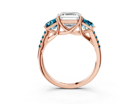 Rose gold Three-Stone Asscher Cut Diamond Ring with Round with Blue Topaz side stone Pavé Band and Prong Setting_3