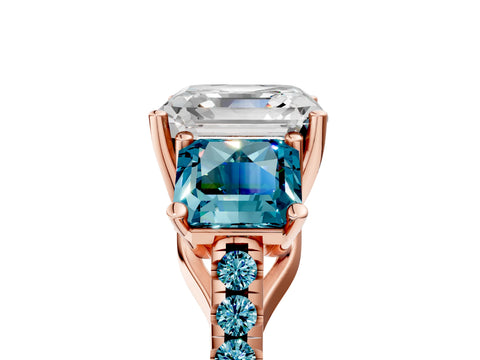Rose gold Three-Stone Asscher Cut Diamond Ring with Round with Blue Topaz side stone Pavé Band and Prong Setting_5