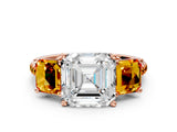 Rose gold Three-Stone Asscher Cut Diamond Ring with Round with Citrine side stone Pavé Band and Prong Setting