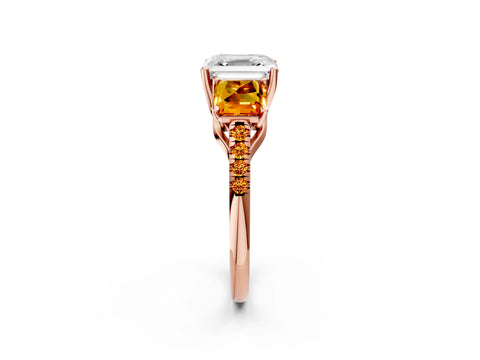 Rose gold Three-Stone Asscher Cut Diamond Ring with Round with Citrine side stone Pavé Band and Prong Setting_2