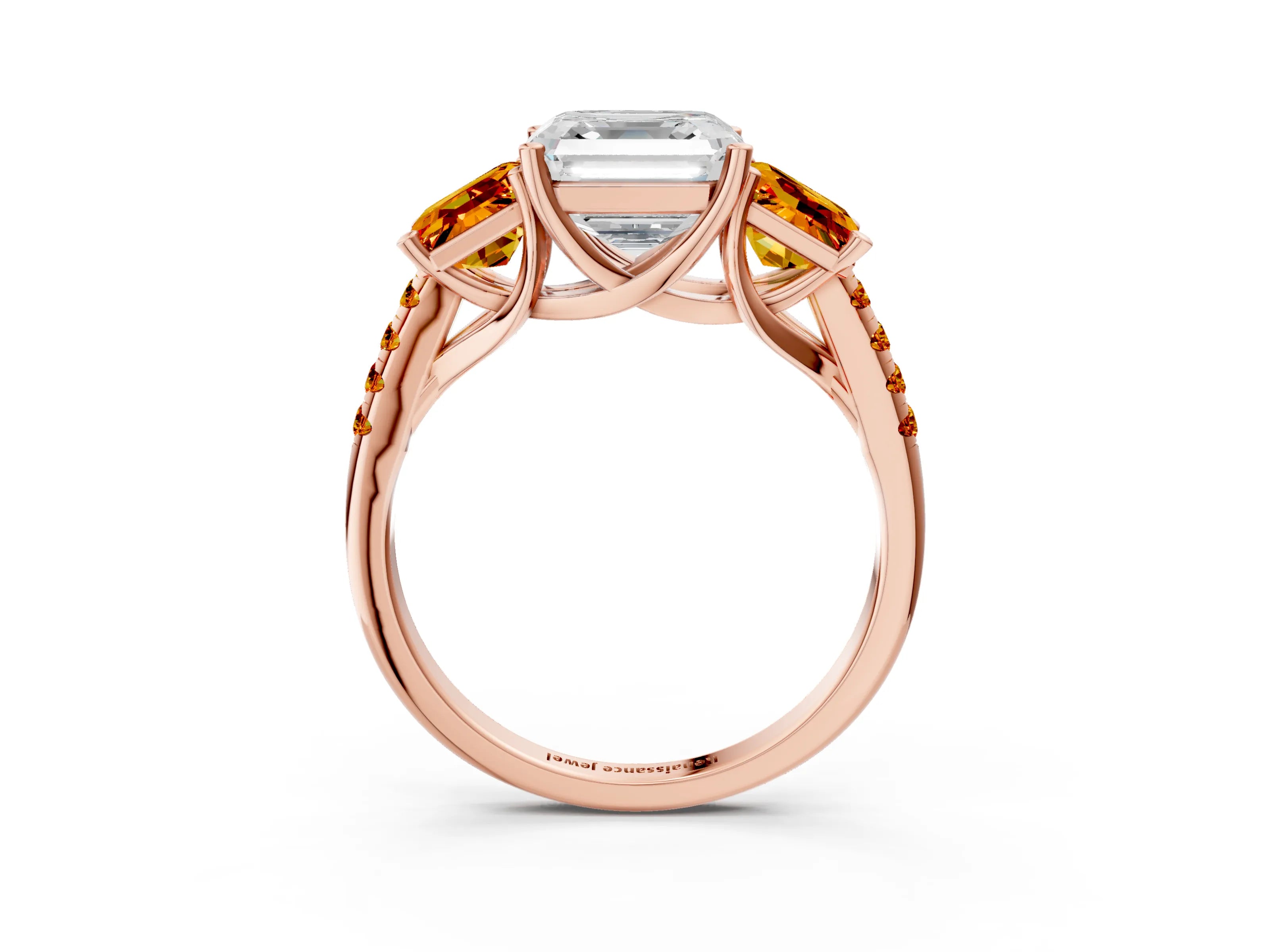 Rose gold Three-Stone Asscher Cut Diamond Ring with Round with Citrine side stone Pavé Band and Prong Setting_3