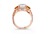 Rose gold Three-Stone Asscher Cut Diamond Ring with Round with Citrine side stone Pavé Band and Prong Setting_3