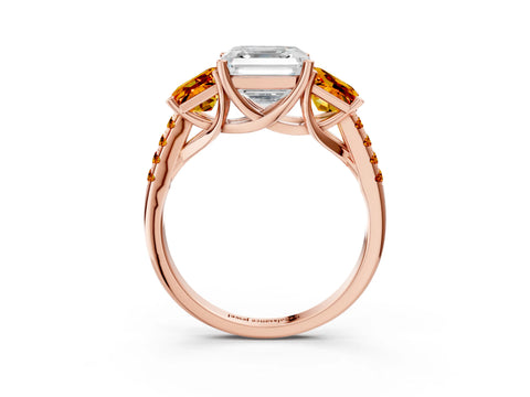Rose gold Three-Stone Asscher Cut Diamond Ring with Round with Citrine side stone Pavé Band and Prong Setting_3