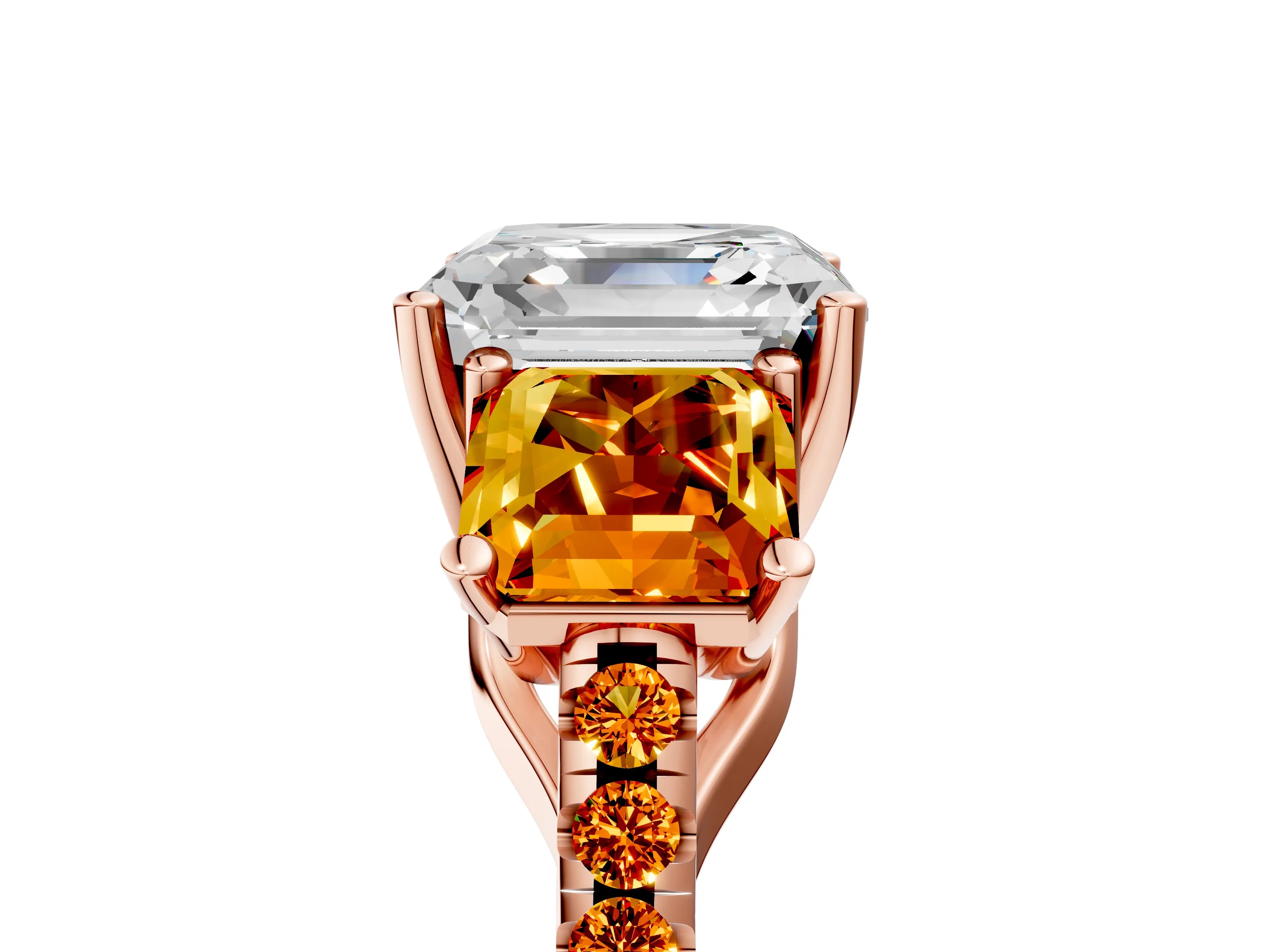 Rose gold Three-Stone Asscher Cut Diamond Ring with Round with Citrine side stone Pavé Band and Prong Setting_5