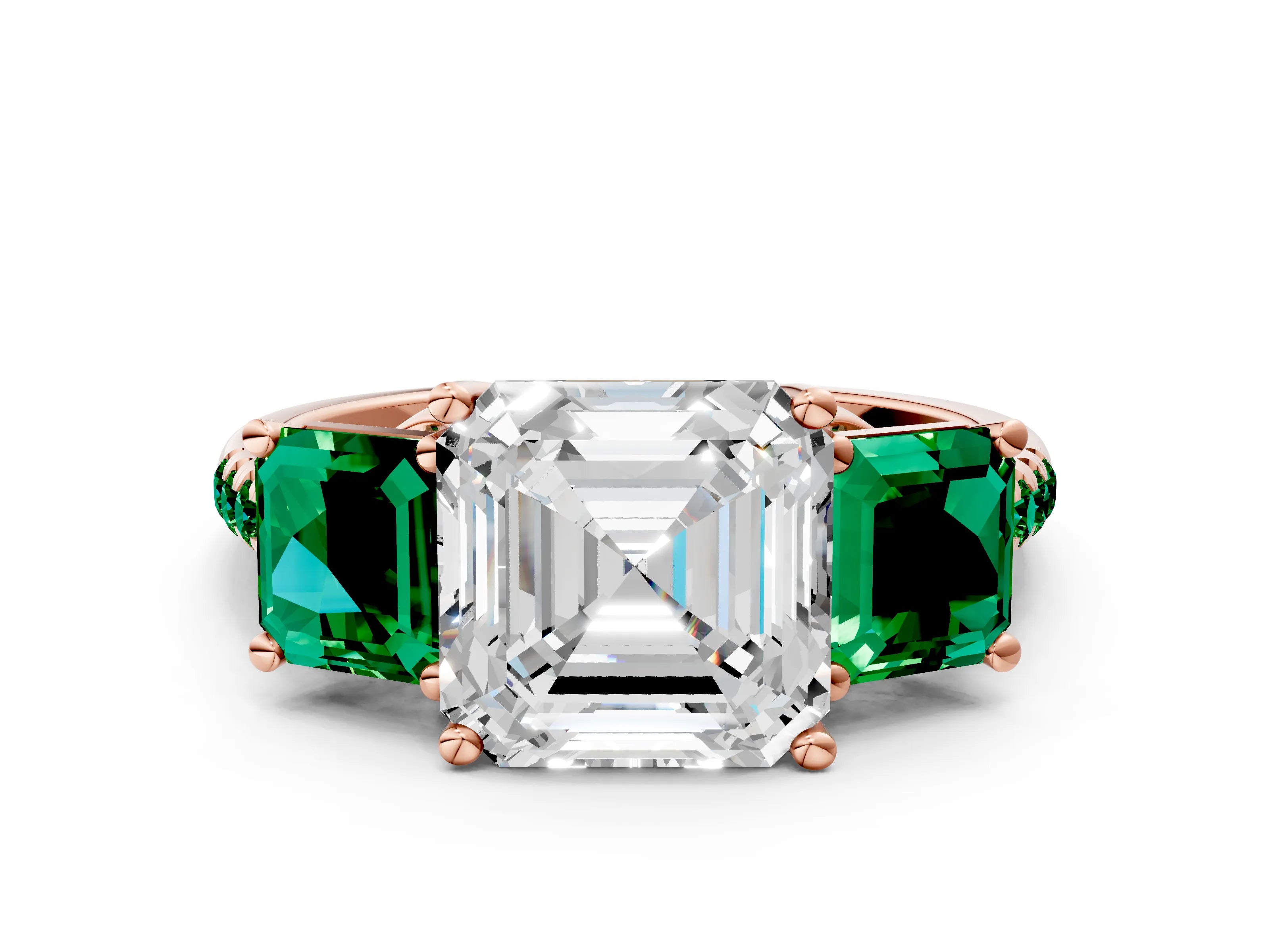 Rose gold Three-Stone Asscher Cut Diamond Ring with Round with Emerald side stone Pavé Band and Prong Setting
