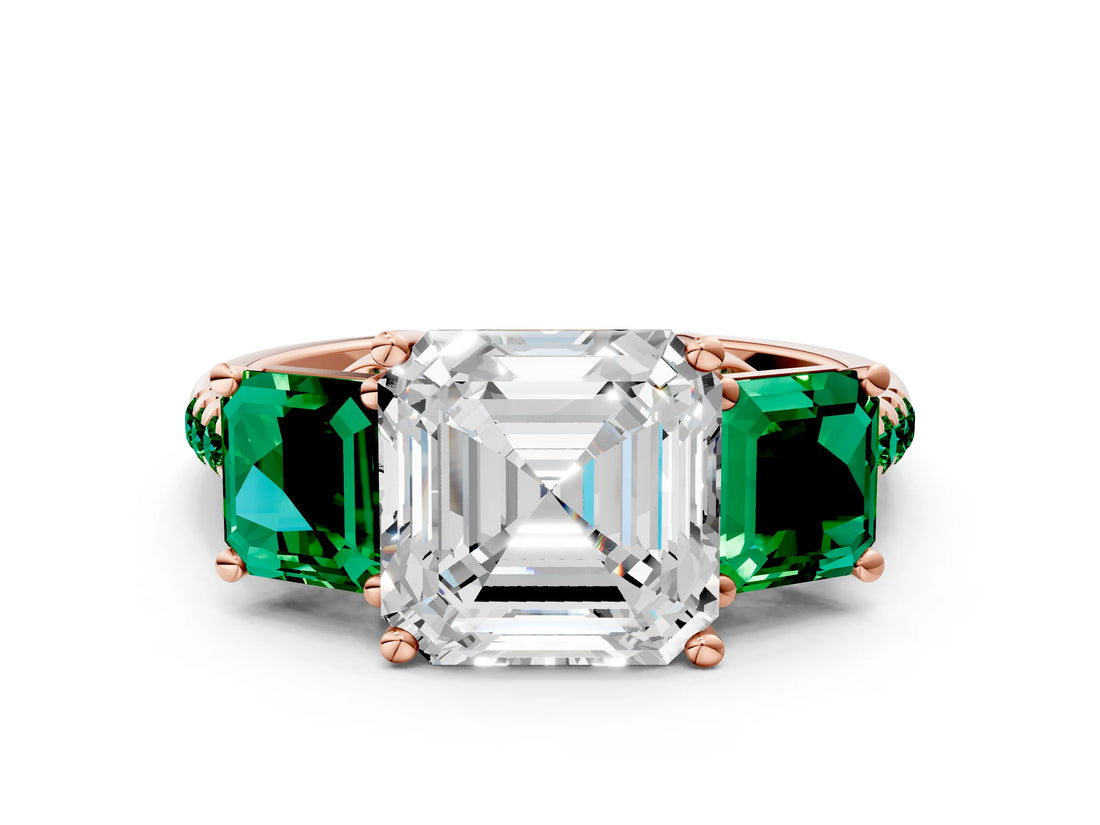 Rose gold Three-Stone Asscher Cut Diamond Ring with Round with Emerald side stone Pavé Band and Prong Setting