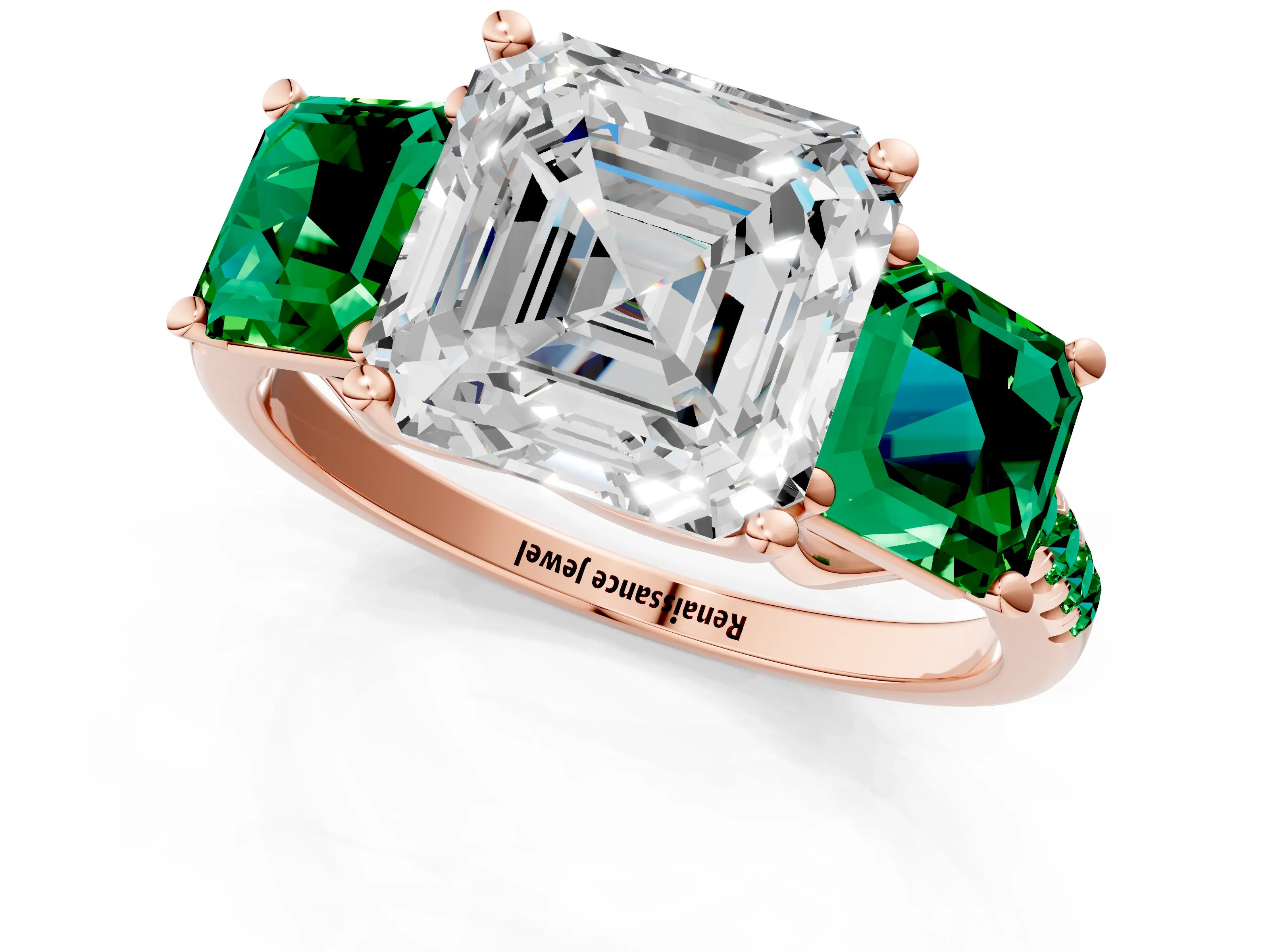 Rose gold Three-Stone Asscher Cut Diamond Ring with Round with Emerald side stone Pavé Band and Prong Setting_1