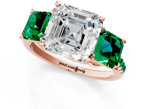 Rose gold Three-Stone Asscher Cut Diamond Ring with Round with Emerald side stone Pavé Band and Prong Setting_1