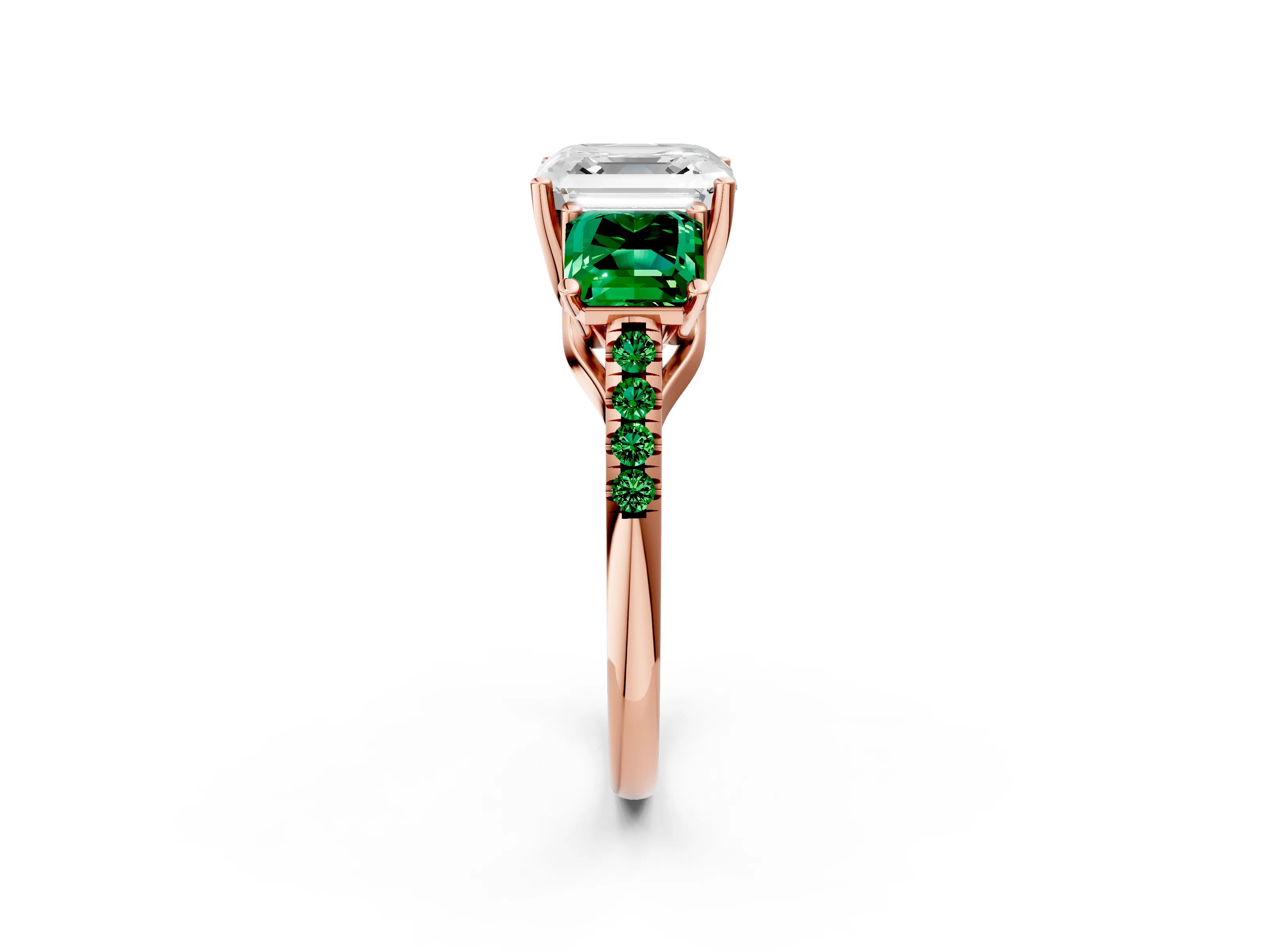 Rose gold Three-Stone Asscher Cut Diamond Ring with Round with Emerald side stone Pavé Band and Prong Setting_2