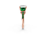 Rose gold Three-Stone Asscher Cut Diamond Ring with Round with Emerald side stone Pavé Band and Prong Setting_2
