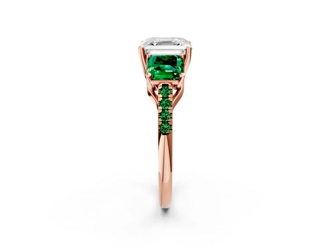 Rose gold Three-Stone Asscher Cut Diamond Ring with Round with Emerald side stone Pavé Band and Prong Setting_2