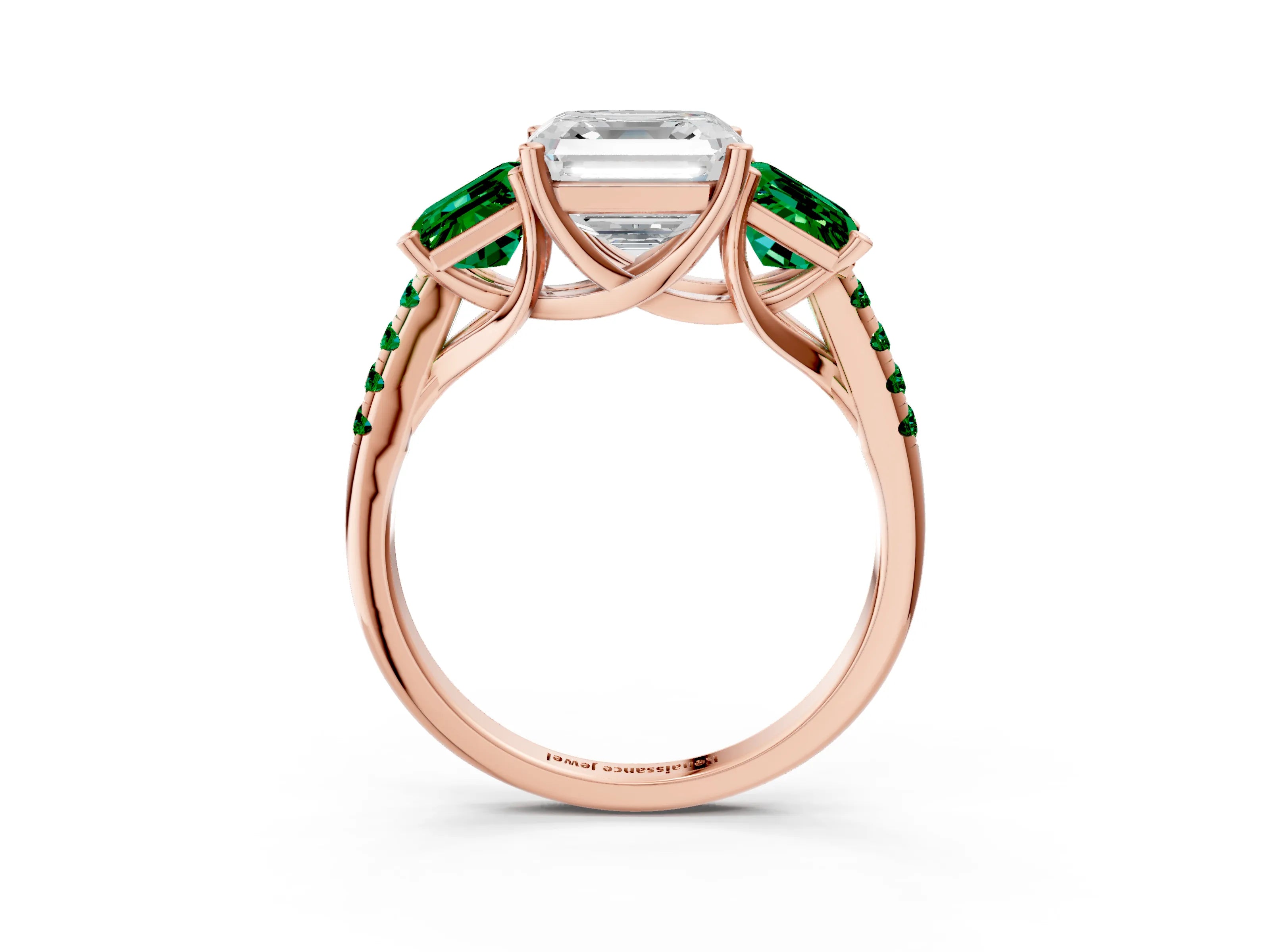 Rose gold Three-Stone Asscher Cut Diamond Ring with Round with Emerald side stone Pavé Band and Prong Setting_3