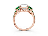 Rose gold Three-Stone Asscher Cut Diamond Ring with Round with Emerald side stone Pavé Band and Prong Setting_3