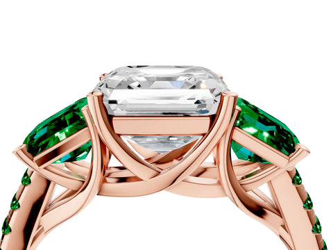 Rose gold Three-Stone Asscher Cut Diamond Ring with Round with Emerald side stone Pavé Band and Prong Setting_4