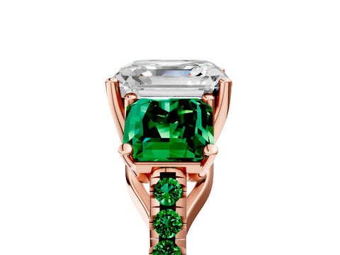 Rose gold Three-Stone Asscher Cut Diamond Ring with Round with Emerald side stone Pavé Band and Prong Setting_5