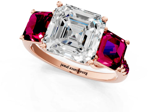 Rose gold Three-Stone Asscher Cut Diamond Ring with Round with Garnet side stone Pavé Band and Prong Setting_1