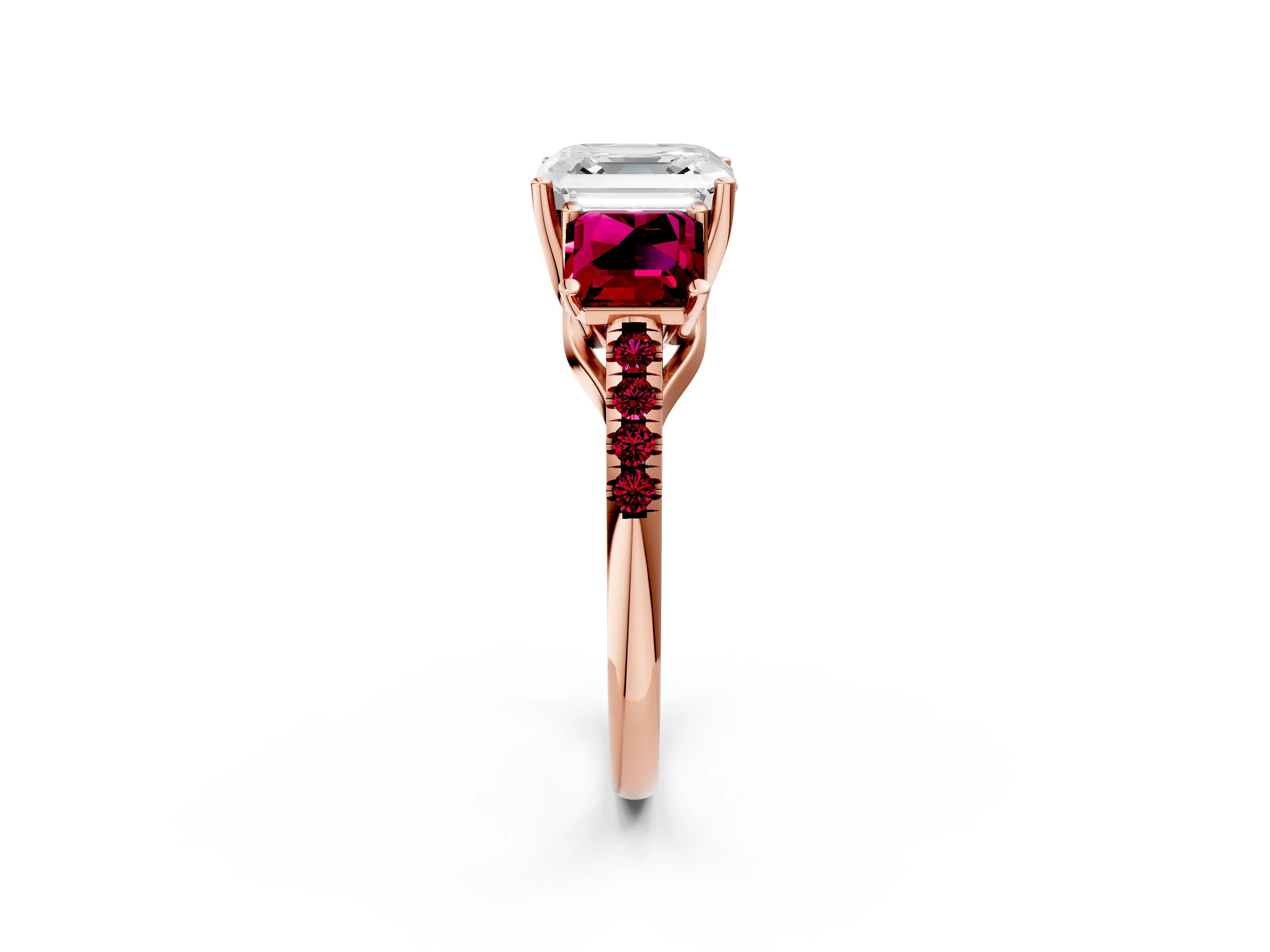Rose gold Three-Stone Asscher Cut Diamond Ring with Round with Garnet side stone Pavé Band and Prong Setting_2