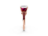 Rose gold Three-Stone Asscher Cut Diamond Ring with Round with Garnet side stone Pavé Band and Prong Setting_2