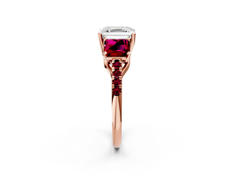 Rose gold Three-Stone Asscher Cut Diamond Ring with Round with Garnet side stone Pavé Band and Prong Setting_2