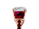 Rose gold Three-Stone Asscher Cut Diamond Ring with Round with Garnet side stone Pavé Band and Prong Setting_5