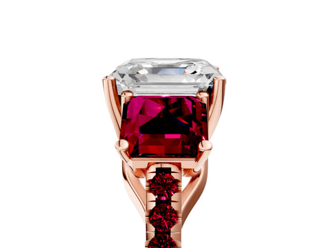Rose gold Three-Stone Asscher Cut Diamond Ring with Round with Garnet side stone Pavé Band and Prong Setting_5