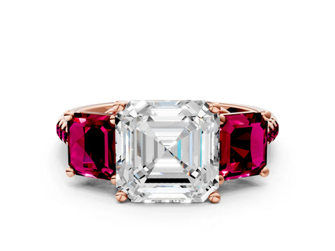 Rose gold Three-Stone Asscher Cut Diamond Ring with Round with Garnet side stone Pavé Band and Prong Setting