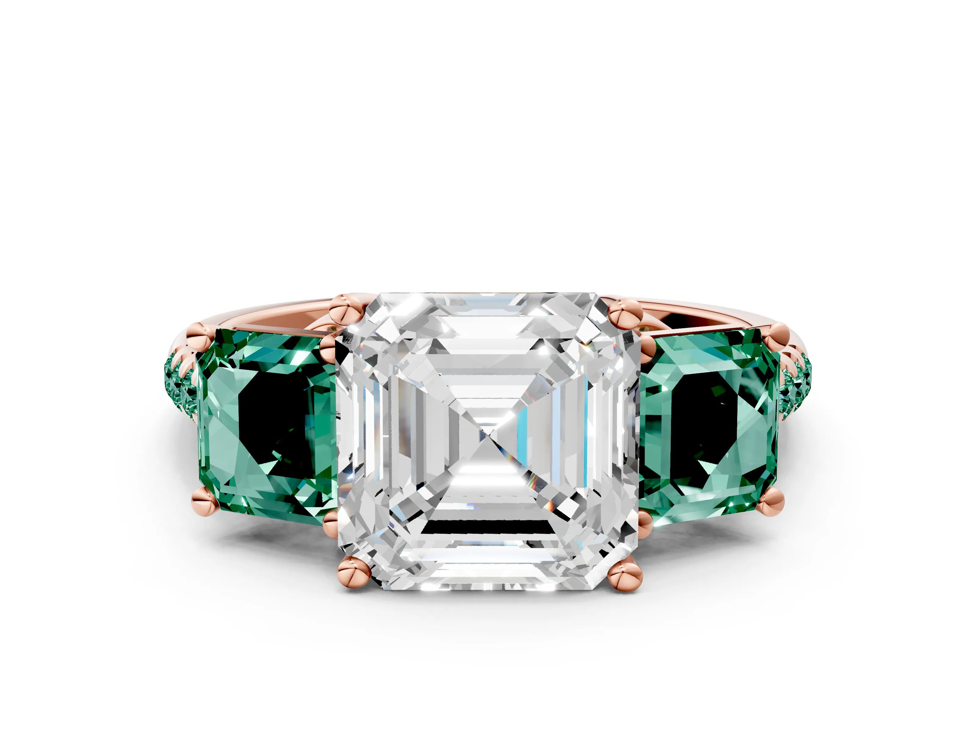 Rose gold Three-Stone Asscher Cut Diamond Ring with Round with Green Sapphire side stone Pavé Band and Prong Setting