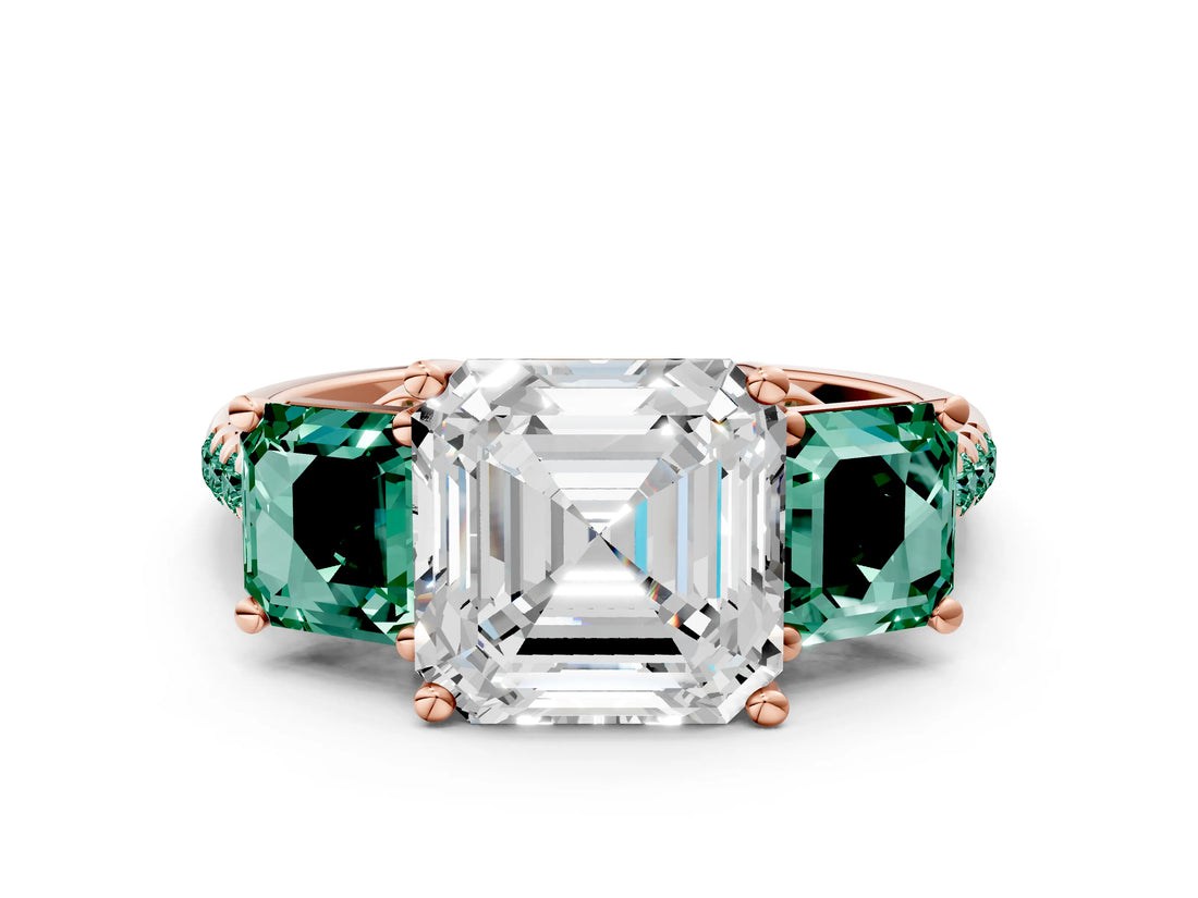 Rose gold Three-Stone Asscher Cut Diamond Ring with Round with Green Sapphire side stone Pavé Band and Prong Setting