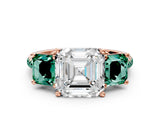 Rose gold Three-Stone Asscher Cut Diamond Ring with Round with Green Sapphire side stone Pavé Band and Prong Setting