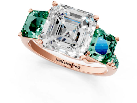Rose gold Three-Stone Asscher Cut Diamond Ring with Round with Green Sapphire side stone Pavé Band and Prong Setting_1