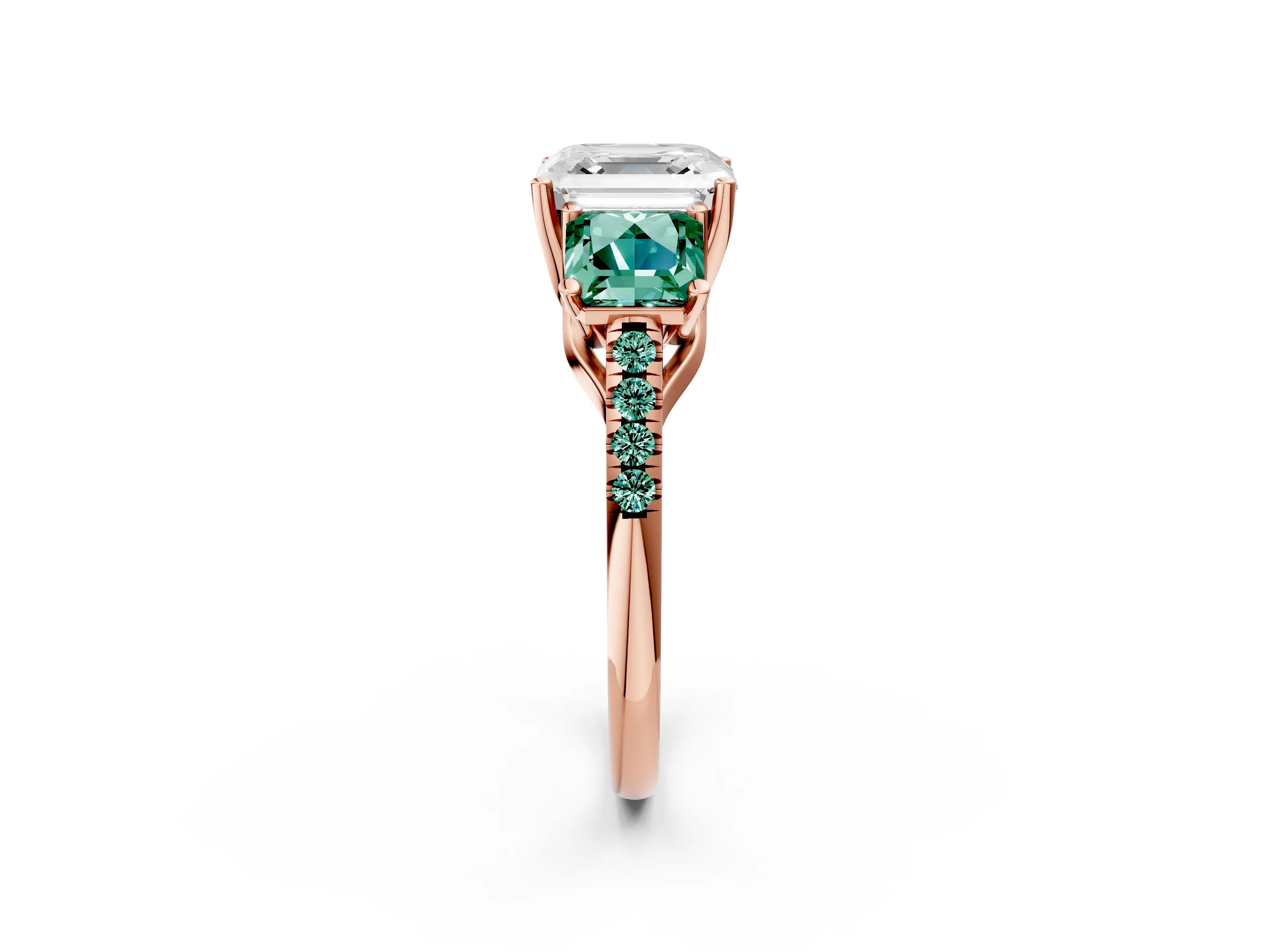 Rose gold Three-Stone Asscher Cut Diamond Ring with Round with Green Sapphire side stone Pavé Band and Prong Setting_2