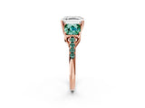 Rose gold Three-Stone Asscher Cut Diamond Ring with Round with Green Sapphire side stone Pavé Band and Prong Setting_2