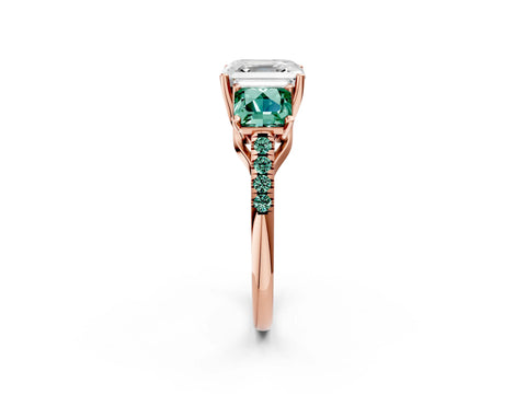 Rose gold Three-Stone Asscher Cut Diamond Ring with Round with Green Sapphire side stone Pavé Band and Prong Setting_2