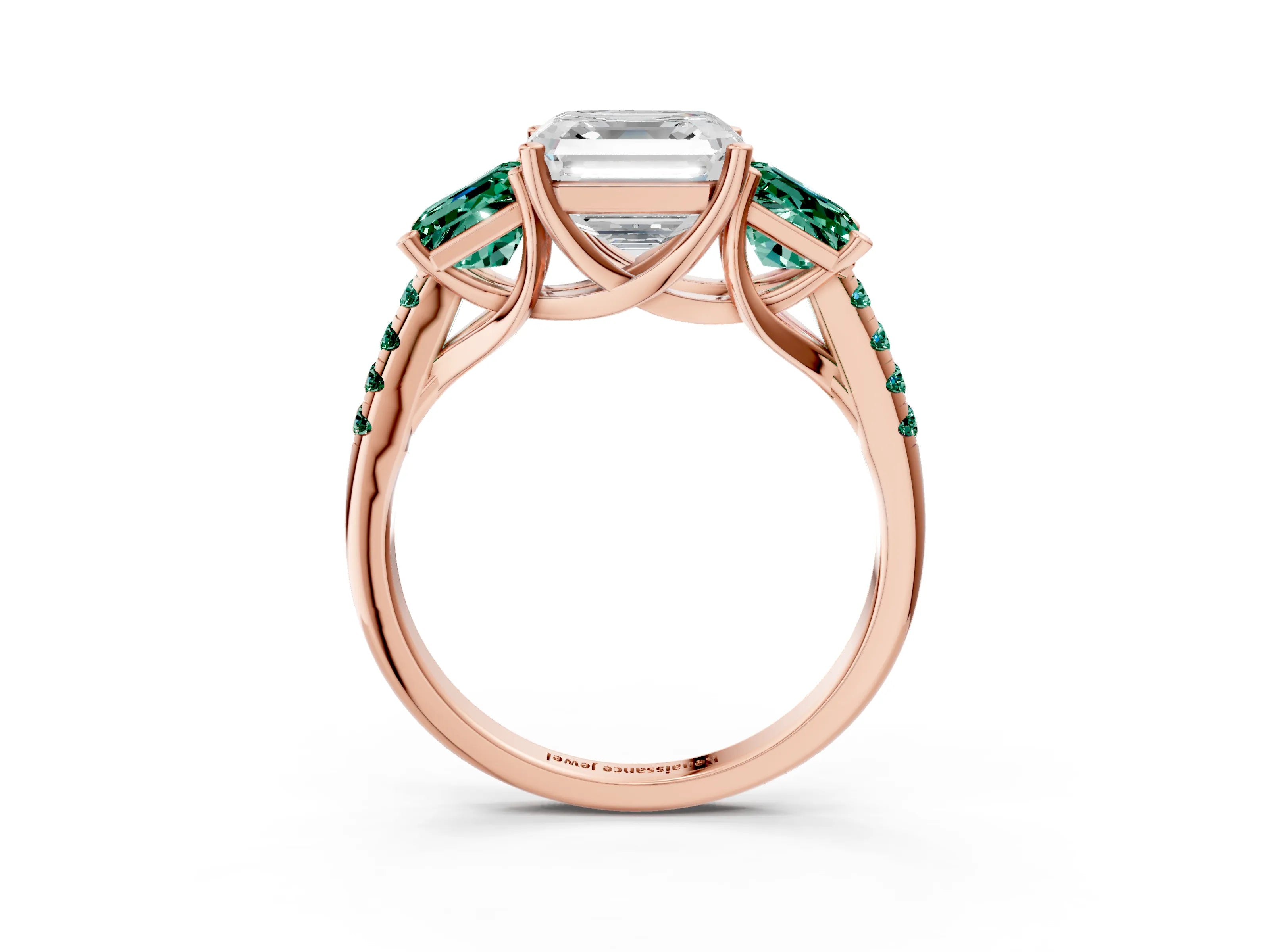 Rose gold Three-Stone Asscher Cut Diamond Ring with Round with Green Sapphire side stone Pavé Band and Prong Setting_3