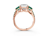 Rose gold Three-Stone Asscher Cut Diamond Ring with Round with Green Sapphire side stone Pavé Band and Prong Setting_3