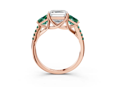 Rose gold Three-Stone Asscher Cut Diamond Ring with Round with Green Sapphire side stone Pavé Band and Prong Setting_3