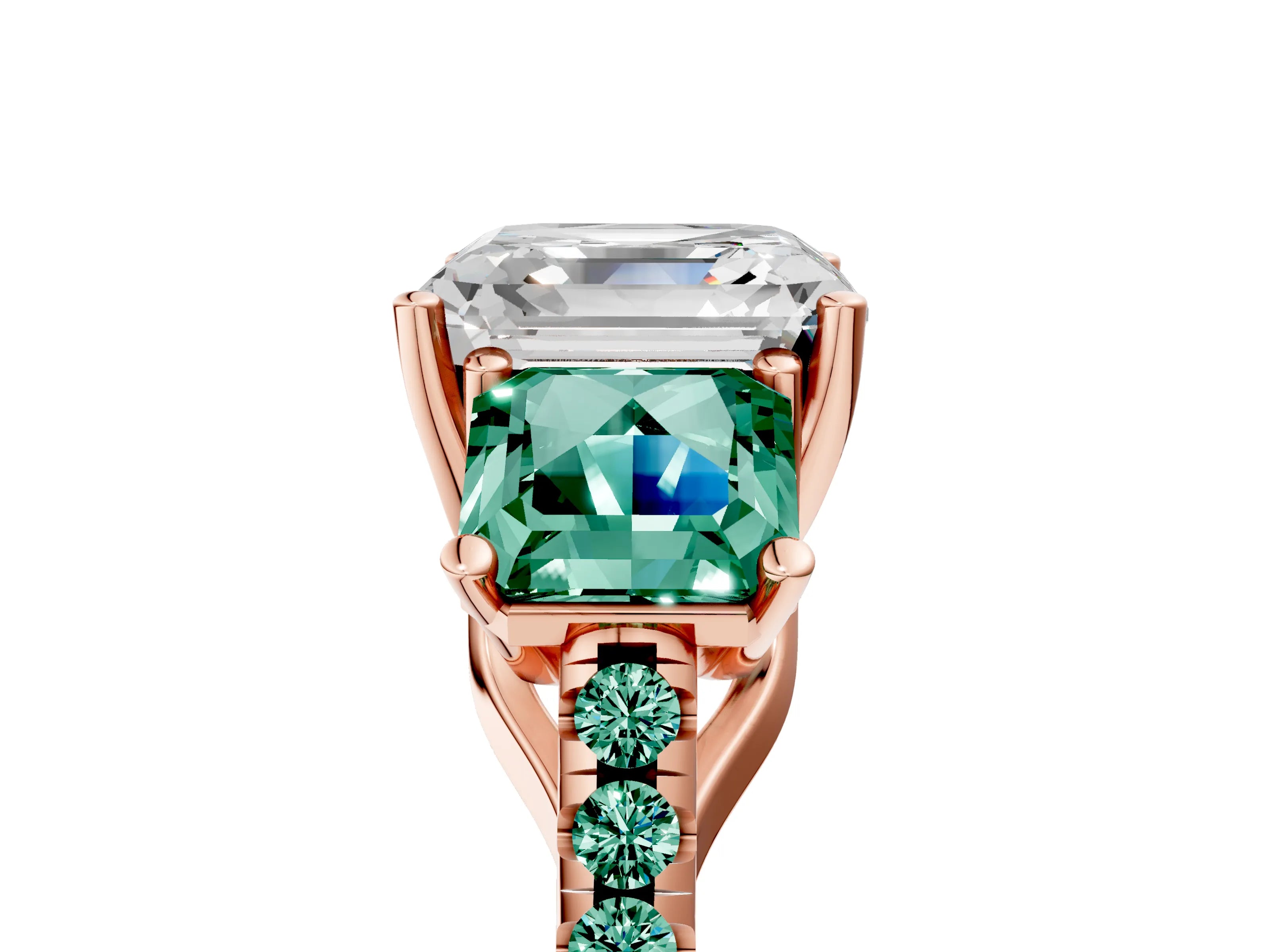 Rose gold Three-Stone Asscher Cut Diamond Ring with Round with Green Sapphire side stone Pavé Band and Prong Setting_5
