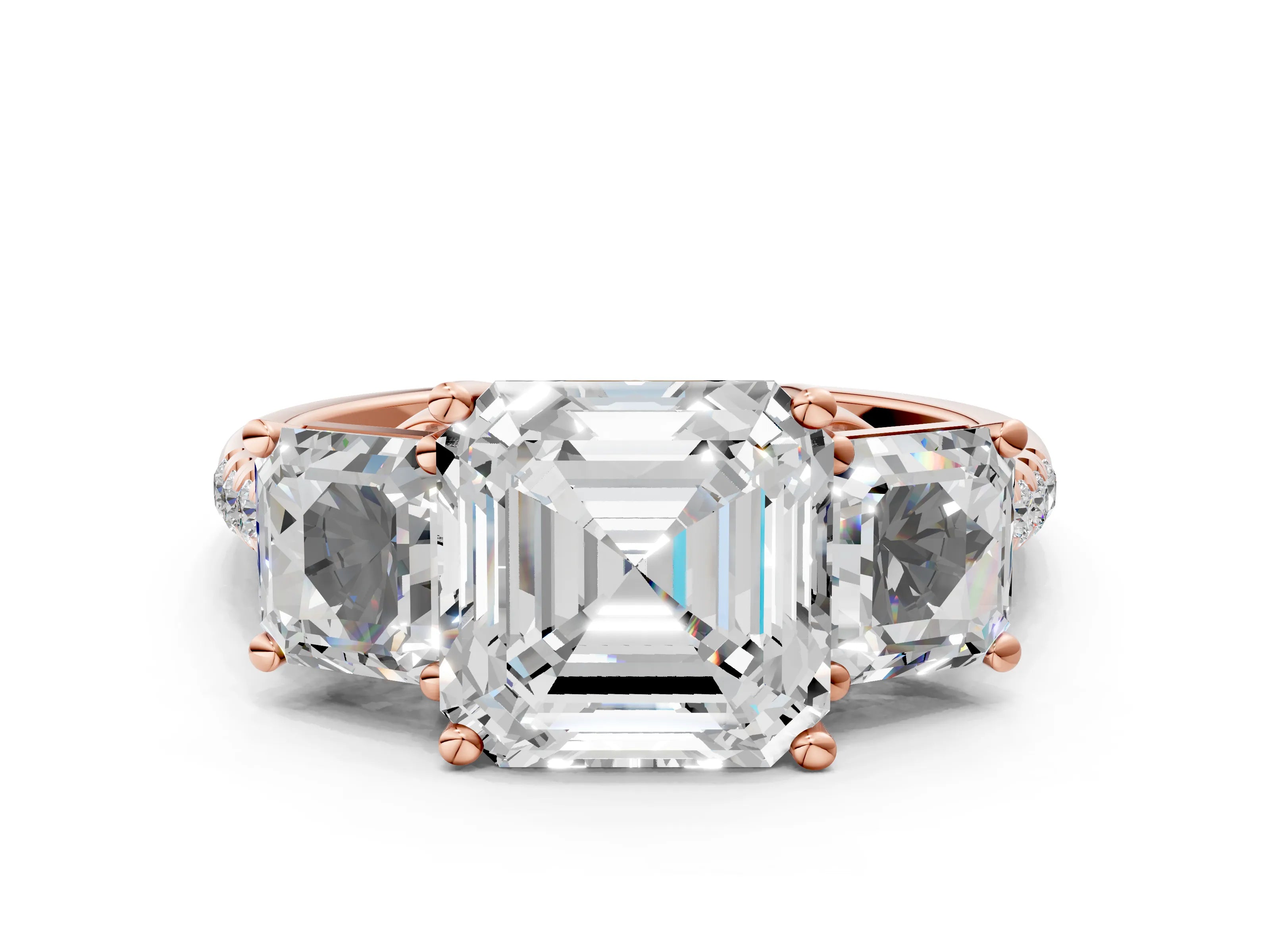 Rose gold Three-Stone Asscher Cut Diamond Ring with Round with Moissanite side stone Pavé Band and Prong Setting