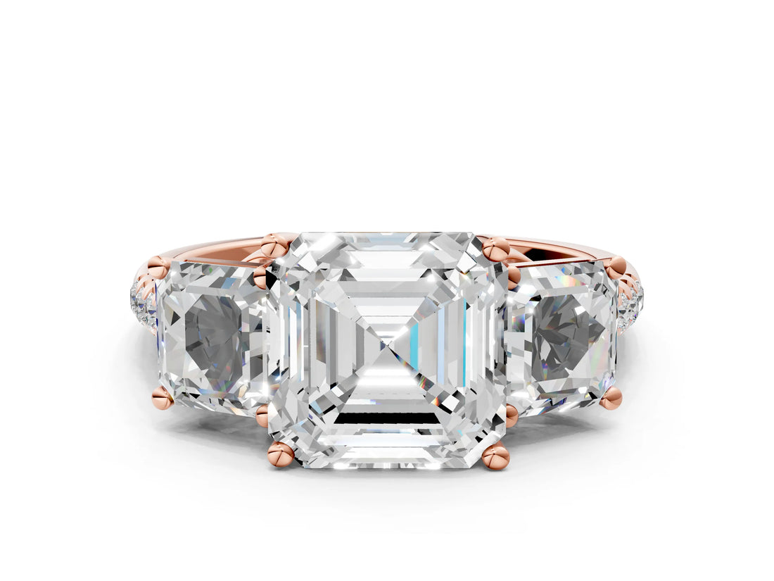 Rose gold Three-Stone Asscher Cut Diamond Ring with Round with Moissanite side stone Pavé Band and Prong Setting