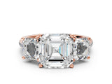 Rose gold Three-Stone Asscher Cut Diamond Ring with Round with Moissanite side stone Pavé Band and Prong Setting