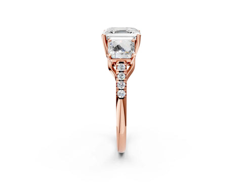 Rose gold Three-Stone Asscher Cut Diamond Ring with Round with Moissanite side stone Pavé Band and Prong Setting_2