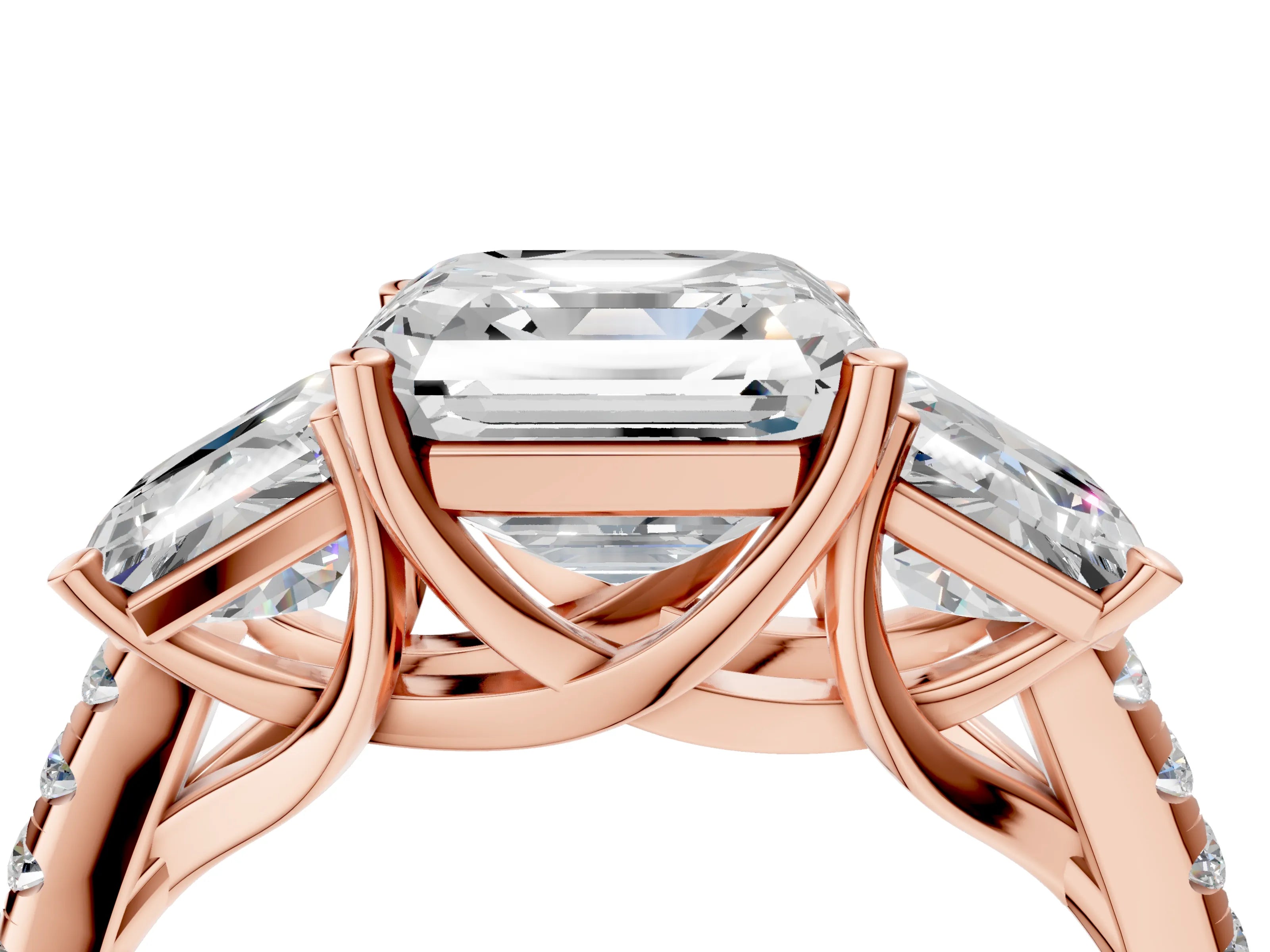 Rose gold Three-Stone Asscher Cut Diamond Ring with Round with Moissanite side stone Pavé Band and Prong Setting_4