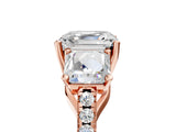 Rose gold Three-Stone Asscher Cut Diamond Ring with Round with Moissanite side stone Pavé Band and Prong Setting_5
